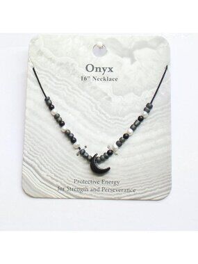 NWT Unique Designs Onyx Crystal Crescent Moon Necklace Black / White 16" + 3.5"